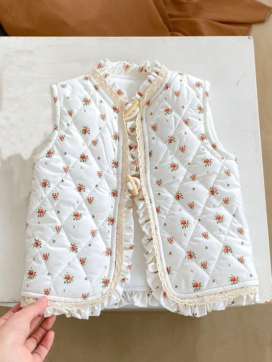 Unisex Winter Vest Jacket - Thick Warm Floral Print with Lace Trim & Cotton Padding, Sleeveless Button Front Closure, Navy Blue & White for &, Winter Clothes