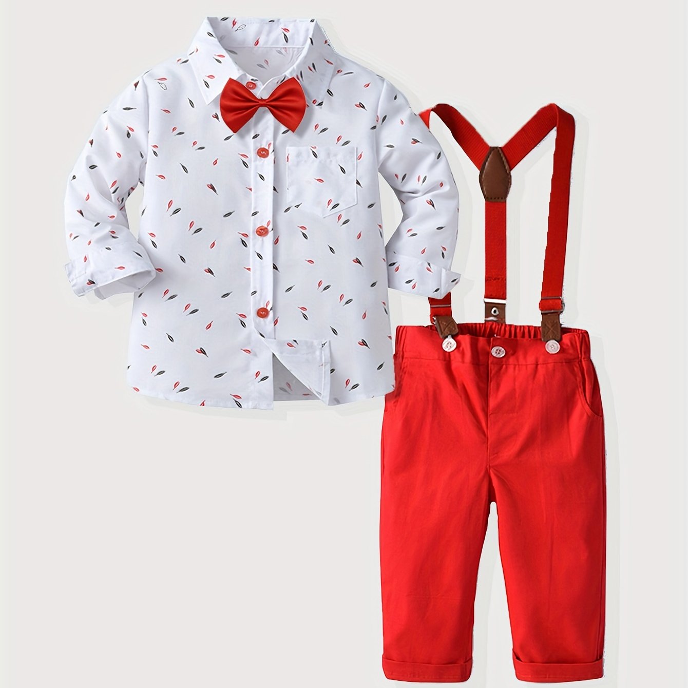 3pcs Adorable Gentleman Outfit Set - Feather Pattern Shirt, Bowtie, and Overalls for Boys - Perfect Fall Winter Clothing for Kids, Ideal Gift for Little Men