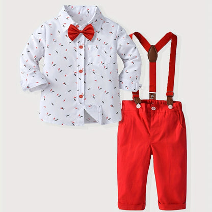 3pcs Adorable Gentleman Outfit Set - Feather Pattern Shirt, Bowtie, and Overalls for Boys - Perfect Fall Winter Clothing for Kids, Ideal Gift for Little Men