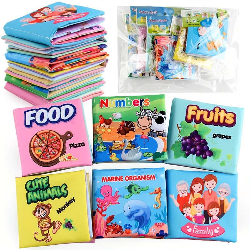 A Set Of 6 Cloth Book Baby Cloth Books Set, Wild Animal Cloth Book, Sea Animal Cloth Book, Fruit Cloth Book, Food Cloth Book Ocean Cloth Book, Character Cloth Book, Early Education Baby Toy Soft Book