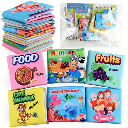 A Set Of 6 Cloth Book Baby Cloth Books Set, Wild Animal Cloth Book, Sea Animal Cloth Book, Fruit Cloth Book, Food Cloth Book Ocean Cloth Book, Character Cloth Book, Early Education Baby Toy Soft Book
