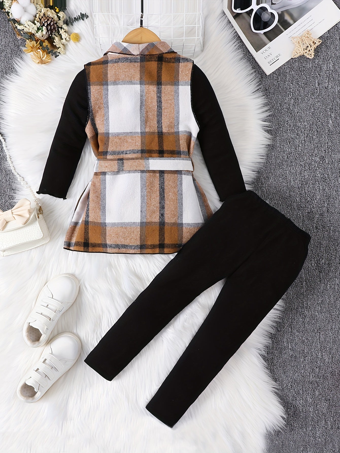 [Elegant | Girls] 3PCS Elegant Girls Outfits | Plaid Sleeveless Jacket + Pullover + Pants Set | Kids Clothes For Spring Fall Gift