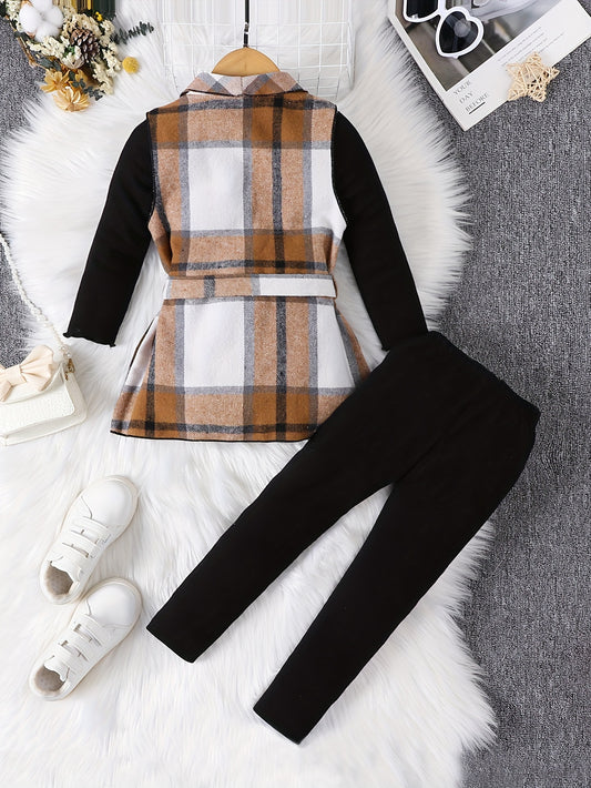 [Elegant | Girls] 3PCS Elegant Girls Outfits | Plaid Sleeveless Jacket + Pullover + Pants Set | Kids Clothes For Spring Fall Gift