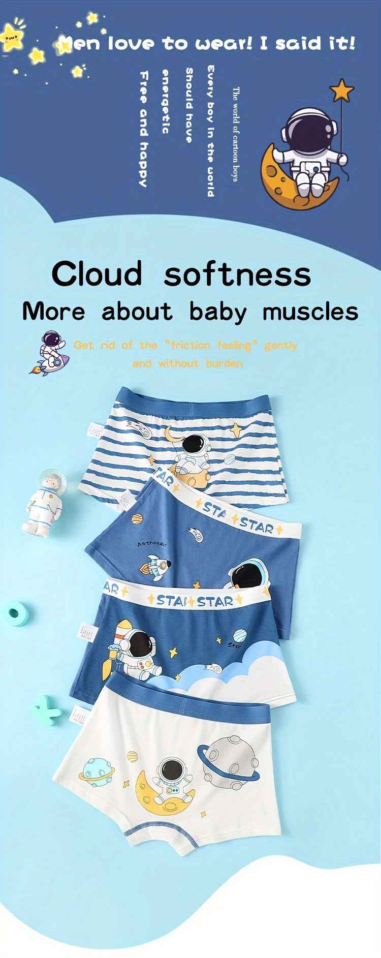 4pcs Kid & Teen Boy's Cotton Boxer Briefs, Cute Cartoon Astronaut Pattern Print Shorts, Comfy Breathable Soft Underwear, Kids Clothes Suitable For All Seasons