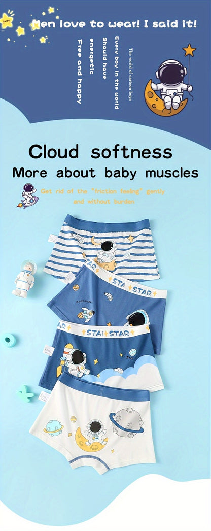 4pcs Kid & Teen Boy's Cotton Boxer Briefs, Cute Cartoon Astronaut Pattern Print Shorts, Comfy Breathable Soft Underwear, Kids Clothes Suitable For All Seasons