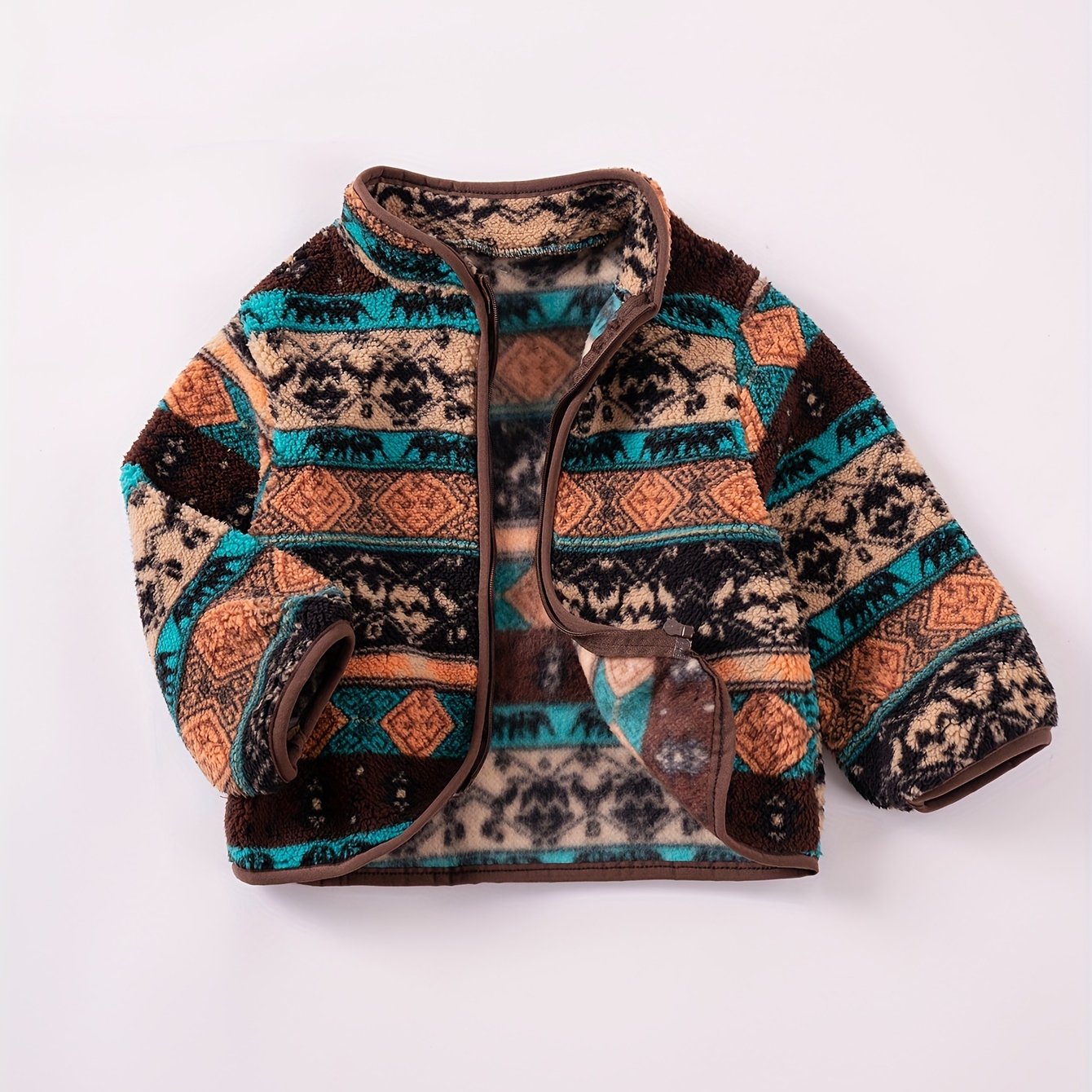 Girls' Cozy Fleece Jacket with Boho Pattern - Warm & Stylish Zip-Up Winter Coat, Polyester, Machine Washable - Sizes XS117, Winter Clothes for Girls