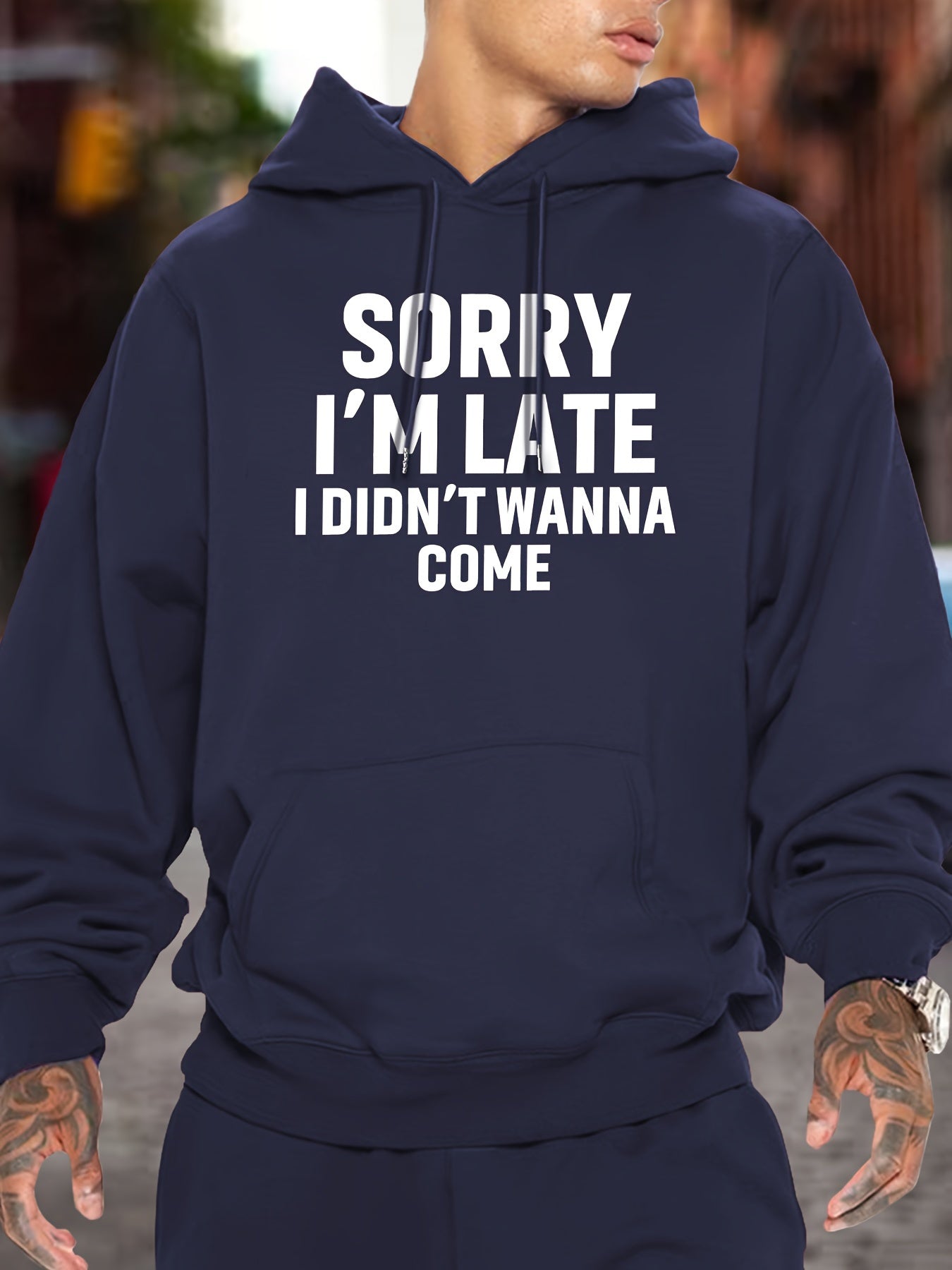 Casual Long Sleeve Hoodies - Sorry I'm Late I Didn't Wanna Come Print Kangaroo Pocket Hoodie - Pullover Sweatshirt for Men, Fall Winter Clothing
