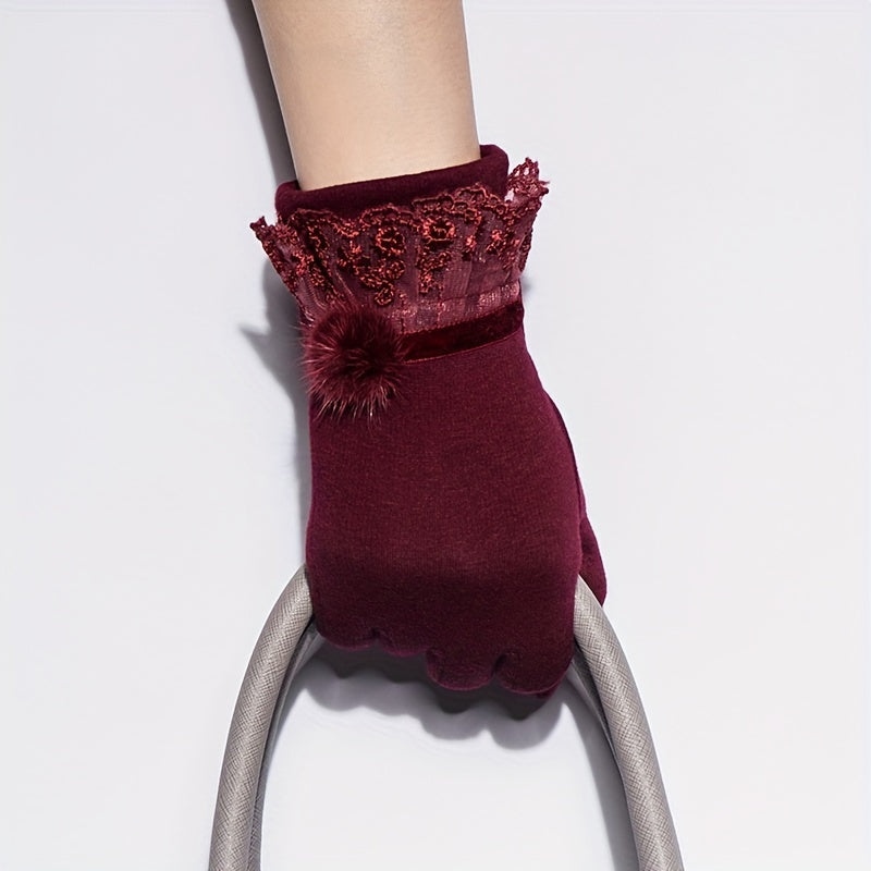 Elegant Women's Touchscreen Winter Gloves - Warm, Windproof Thick Polyester with Lace Cuff and Pom-Pom Detail, Perfect for Cold Weather Outdoor Activities, Winter Clothes