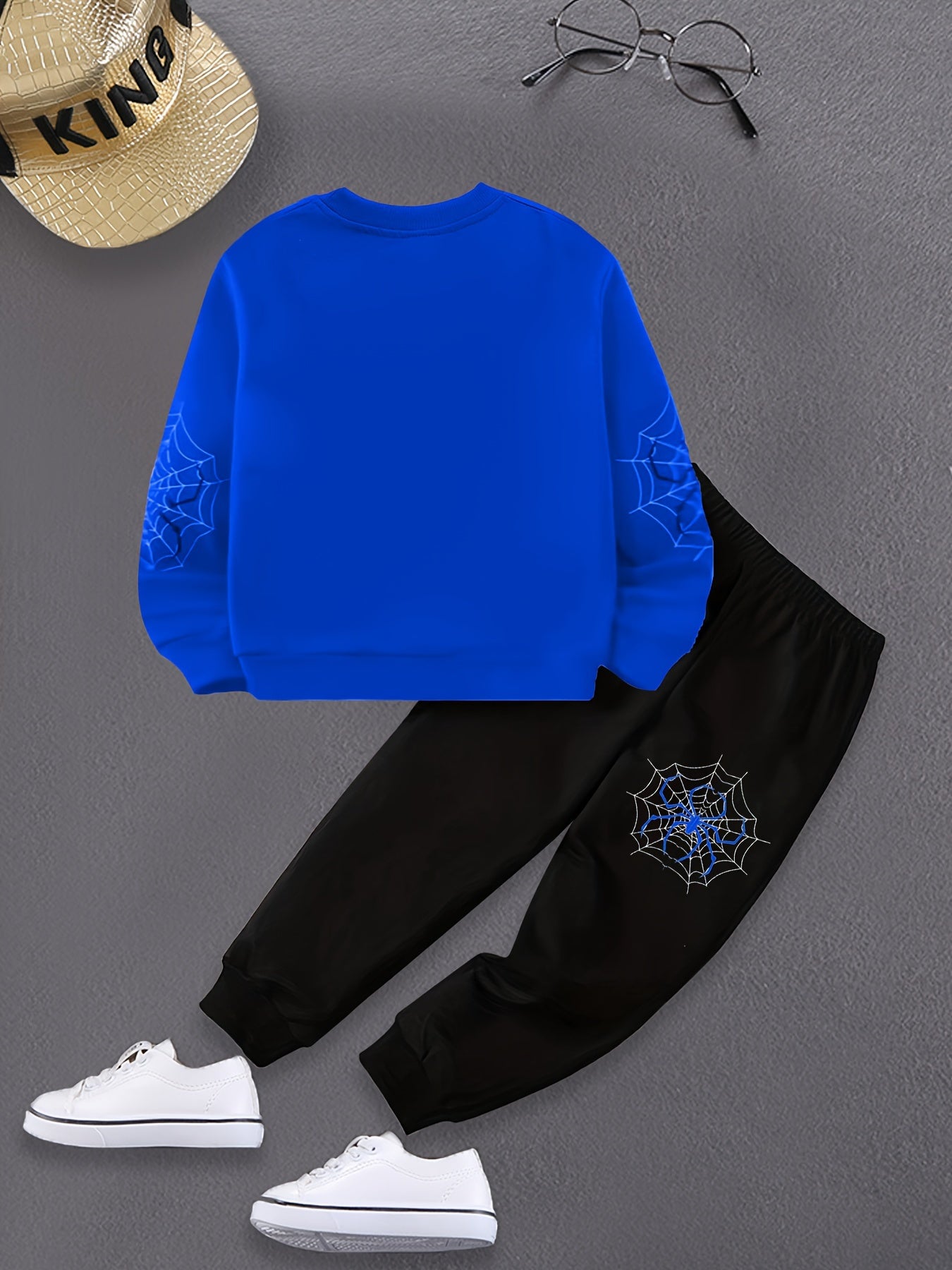 2pcs Boys Cartoon Spider Web Print Creative Long Sleeve Sweatshirt & Pants Sets, Kids Clothes Outdoor