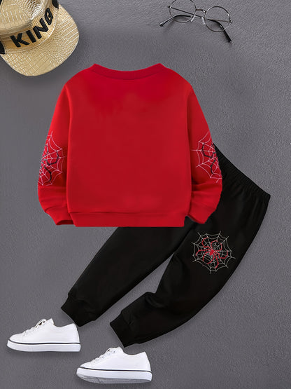 2pcs Boys Cartoon Spider Web Print Creative Long Sleeve Sweatshirt & Pants Sets, Kids Clothes Outdoor