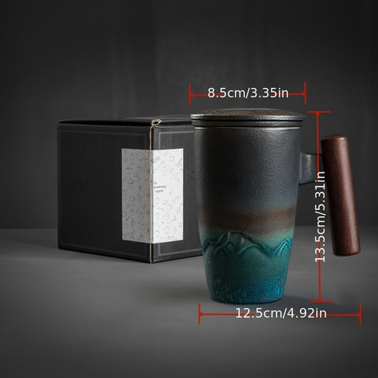 1pc Exquisite Ceramic Tea Cup with Infuser and Lid - 350ml/11.8oz Handmade Coffee/Tea Mug with Wooden Handle, Retro Traditional Tea Brewing Cup with Strainer, Matte Stoneware Loose Tea Steeping Mug for Business Gift, Home, Of