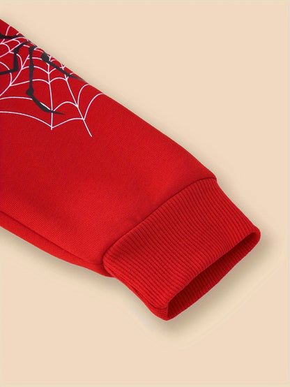 Boys Spider Print Hooded Jacket, Zip Up Warm Fleece Coat, Kids Clothes For Winter & Fall