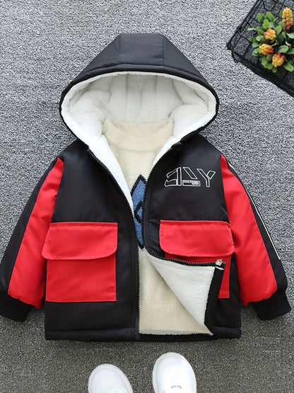 Boys Fashionable Letter Print Color Block Fleece Lining Hooded Jacket With Pockets, Long Sleeve Zip Up Jacket, Kids Clothes For Fall Winter Outdoor