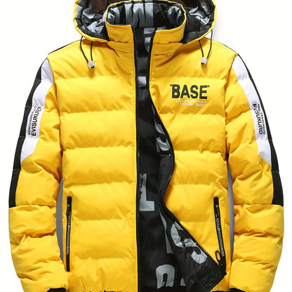 Men's Dual-Sided Winter Jacket - Warm Fleece-Lined, Casual Hooded Outerwear with Zipper Pockets, Beige and Black Camouflage Detail, Polyester, Winter Clothes