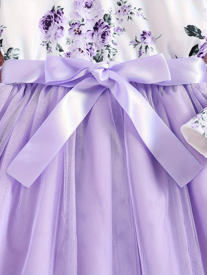 Girls Splicing Flora Print Flutter Trim Tutu Dress Kids Clothes Spring Fall Gift