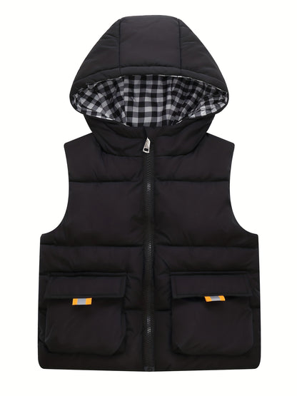 Youth Red Hooded Vest with Large Pockets - Warm Loose Fit Casual Jacket for Fall/Winter, Polyester Filled, Adjustable Hood, Perfect for Outdoor Play, Winter Clothing, Playful Design, Durable Fabric