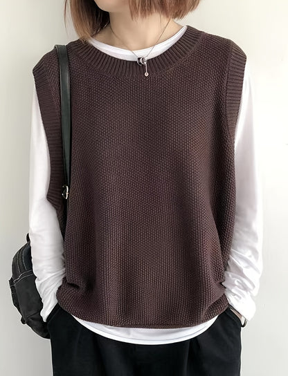 Women's Casual Solid Crew Neck Knitted Sleeveless Loose Fit Vest Sweater, Soft and Cozy Winter Clothing
