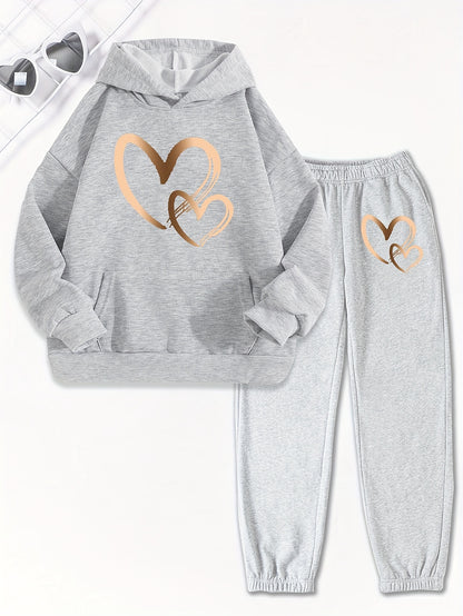 Girls 2pcs Print Hooded Sweatshirt & Letter Print Jogger Pants Set Kids Clothes For Gift, Sports, for Outdoor