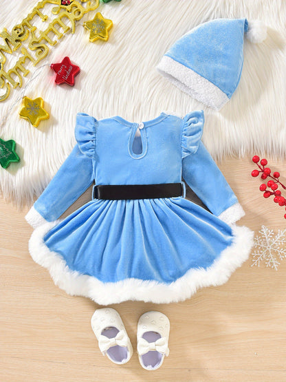 2pcs Set Baby Girls' Soft Plush Patchwork Christmas Romper Dress & Hat Set - Blue & White Winter Outfit with Ruffled Sleeves, Snap Closure Jumpsuit, Machine Washable Winter Clothes for &, Festive Outfit for Christmas Photos &
