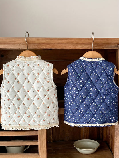 Unisex Winter Vest Jacket - Thick Warm Floral Print with Lace Trim & Cotton Padding, Sleeveless Button Front Closure, Navy Blue & White for &, Winter Clothes