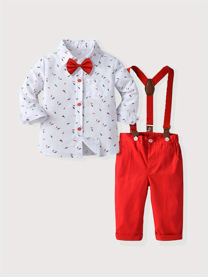 3pcs Adorable Gentleman Outfit Set - Feather Pattern Shirt, Bowtie, and Overalls for Boys - Perfect Fall Winter Clothing for Kids, Ideal Gift for Little Men