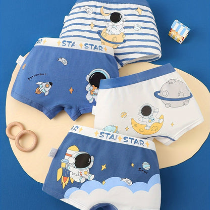 4pcs Kid & Teen Boy's Cotton Boxer Briefs, Cute Cartoon Astronaut Pattern Print Shorts, Comfy Breathable Soft Underwear, Kids Clothes Suitable For All Seasons