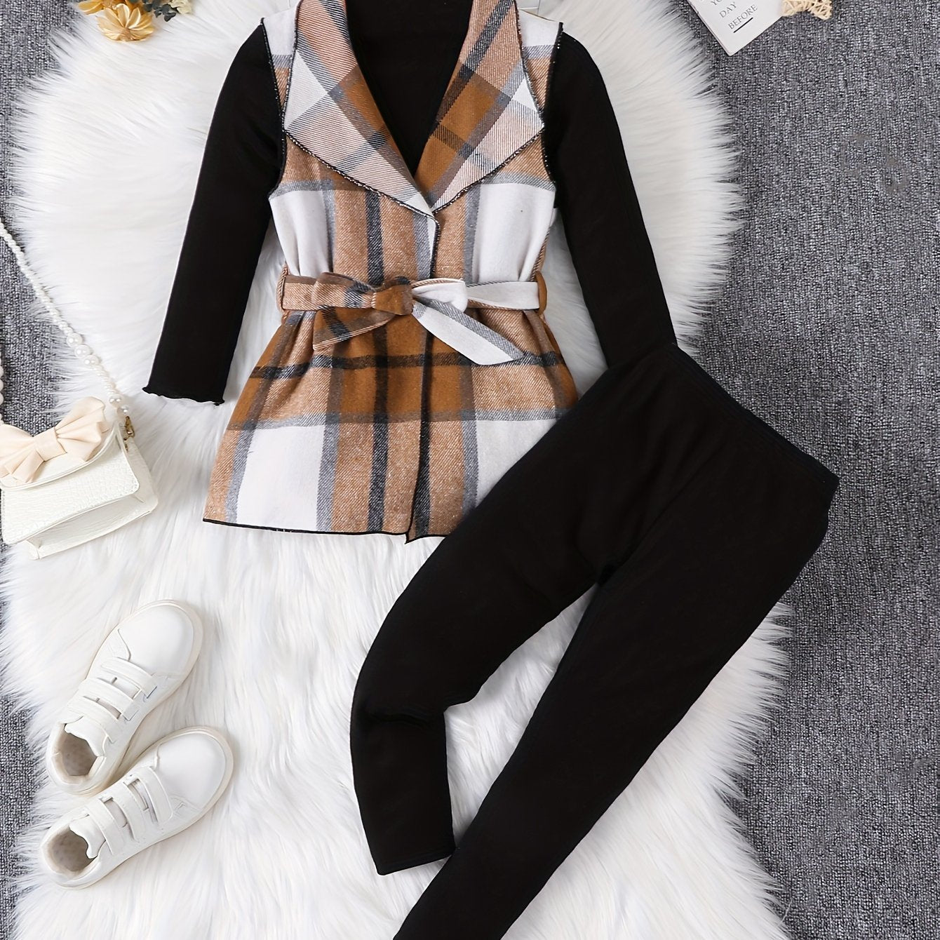 [Elegant | Girls] 3PCS Elegant Girls Outfits | Plaid Sleeveless Jacket + Pullover + Pants Set | Kids Clothes For Spring Fall Gift