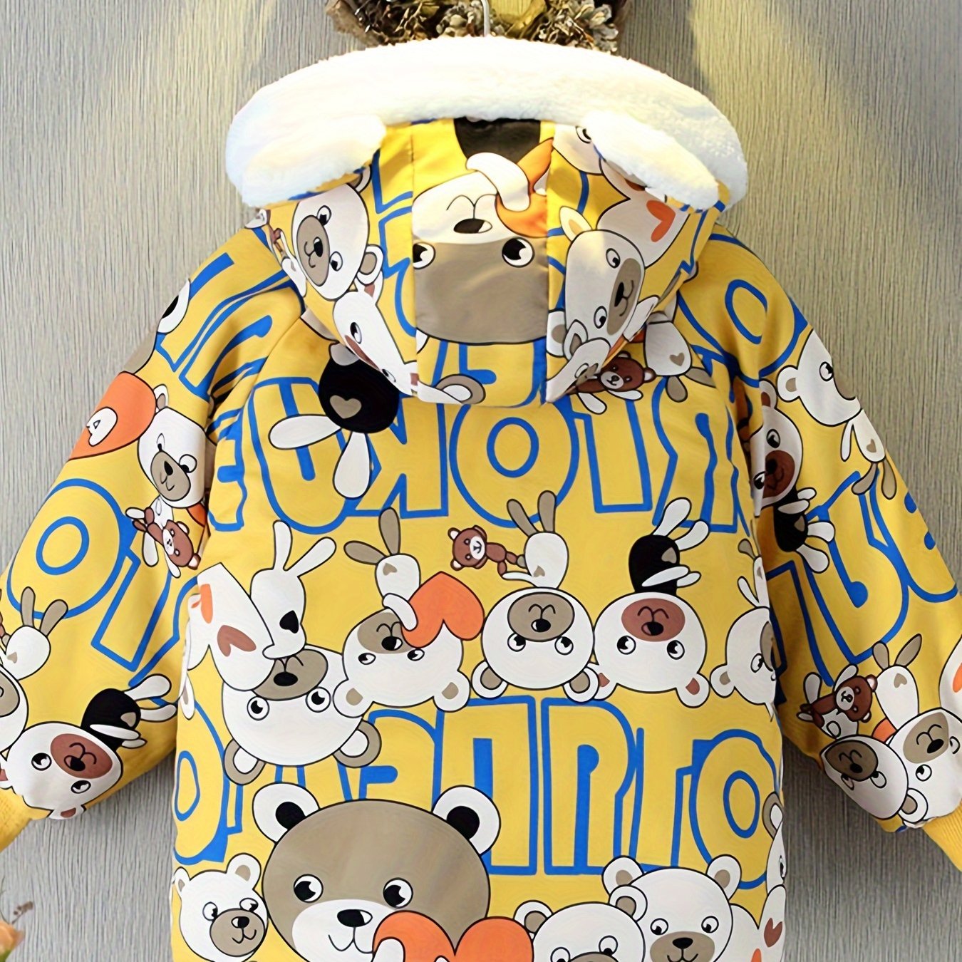 Boys Cartoon Bear Full Print Fleece Lining Hooded Jacket, Long Sleeve Zip Up Warm Jacket, Kids' Clothes For Spring Fall Winter Outdoor