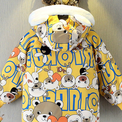 Boys Cartoon Bear Full Print Fleece Lining Hooded Jacket, Long Sleeve Zip Up Warm Jacket, Kids' Clothes For Spring Fall Winter Outdoor