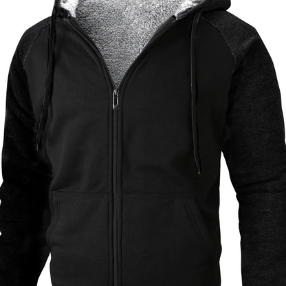 Men's Full-Zip Shearling Hooded Jacket with Pockets - Casual Winter Warmth, Stylish Thermal Lined Coat for Cold Weather, Winter Clothes