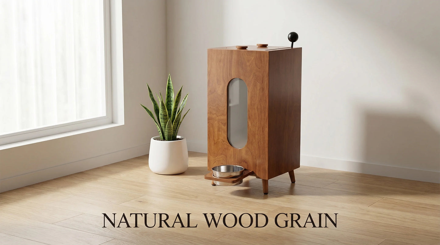Wholesale Walnut-Wood Pet Feeder | Large Capacity Gravity Food Dispenser | Manual Portion Control for Cats & Dogs
