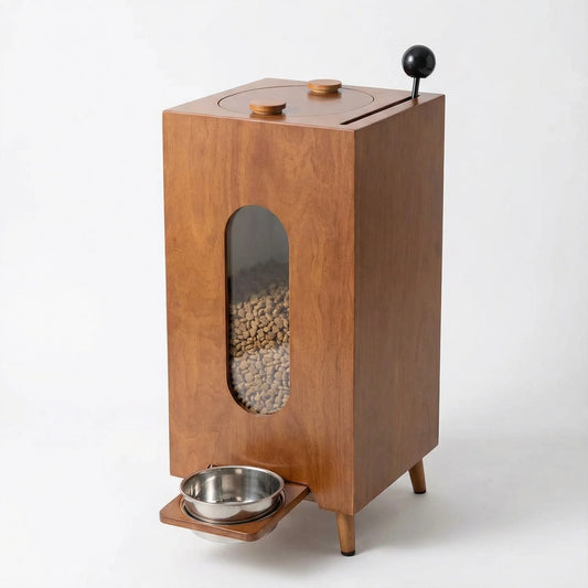 Wholesale Walnut-Wood Pet Feeder | Large Capacity Gravity Food Dispenser | Manual Portion Control for Cats & Dogs