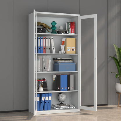 Steel Metal Filing Cabinet Office Furniture with Full Tempered Glass Doors, Lockable, Adjustable Shelves Document Storage