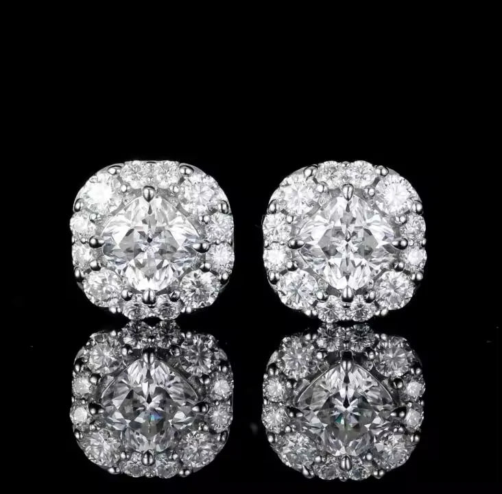 White 18K Gold Plated Waterproof Earrings Lab Grown Sapphire Moissanite Radiant Cut Stud 925 Silver Jewellery
