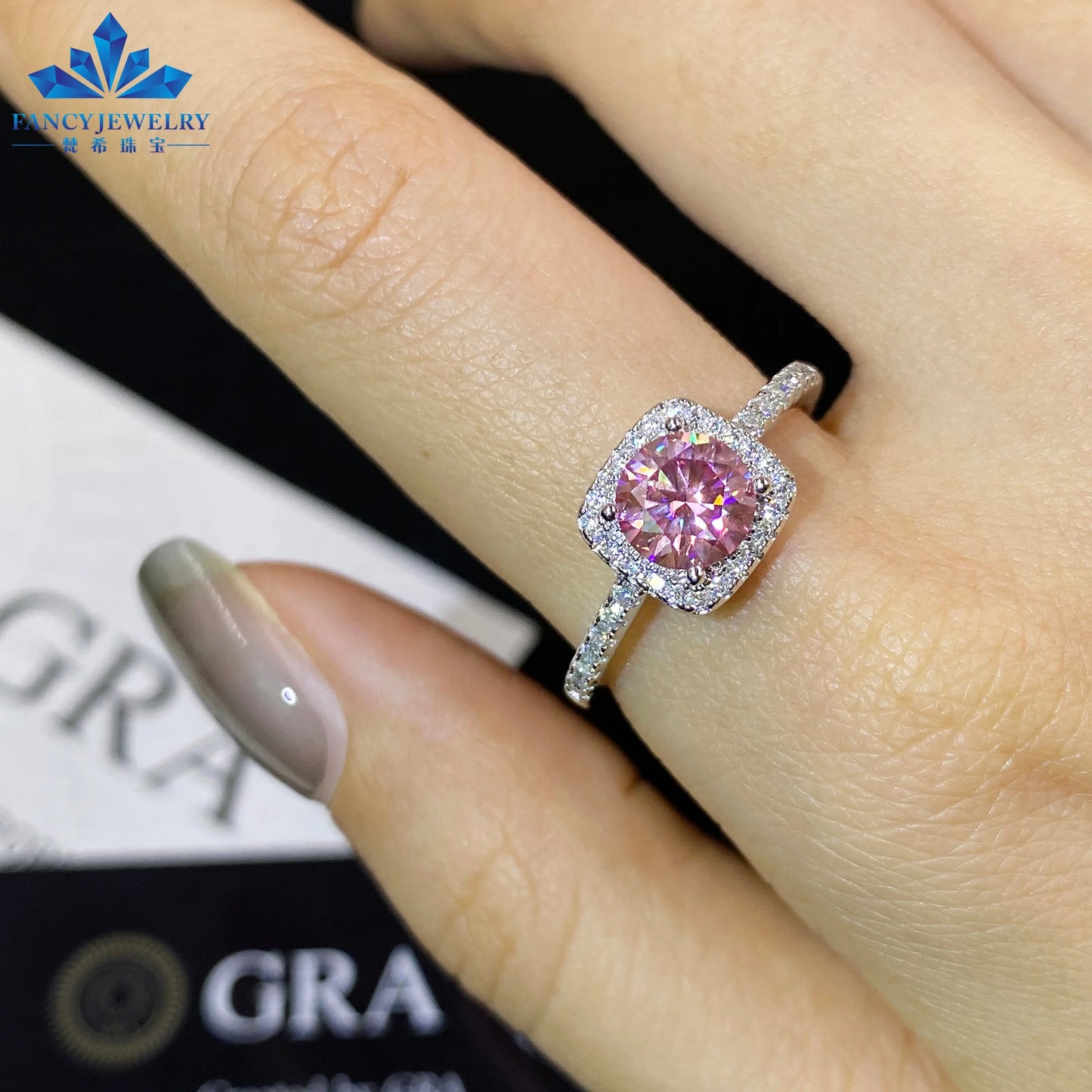 Women's 1ct Moissanite Ring Rhodium & White Gold Plated Green Yellow Pink Halo 925 Silver Elegant Jewellery