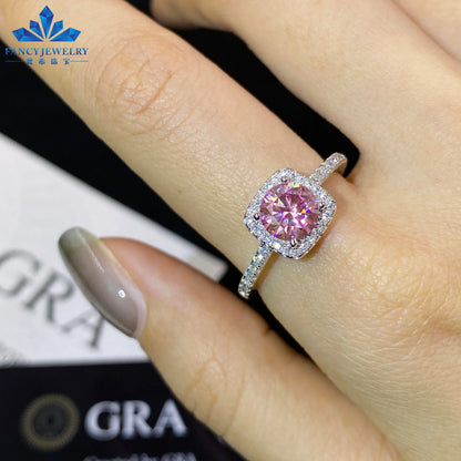 Women's 1ct Moissanite Ring Rhodium & White Gold Plated Green Yellow Pink Halo 925 Silver Elegant Jewellery