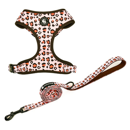 OEM Custom Pattern Leopard Print Breathable Mesh Pet Harness Set With Dog Leash Adjustable Soft Vest Neoprene Dog Harness Set