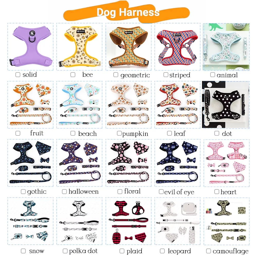OEM Custom Pattern Leopard Print Breathable Mesh Pet Harness Set With Dog Leash Adjustable Soft Vest Neoprene Dog Harness Set