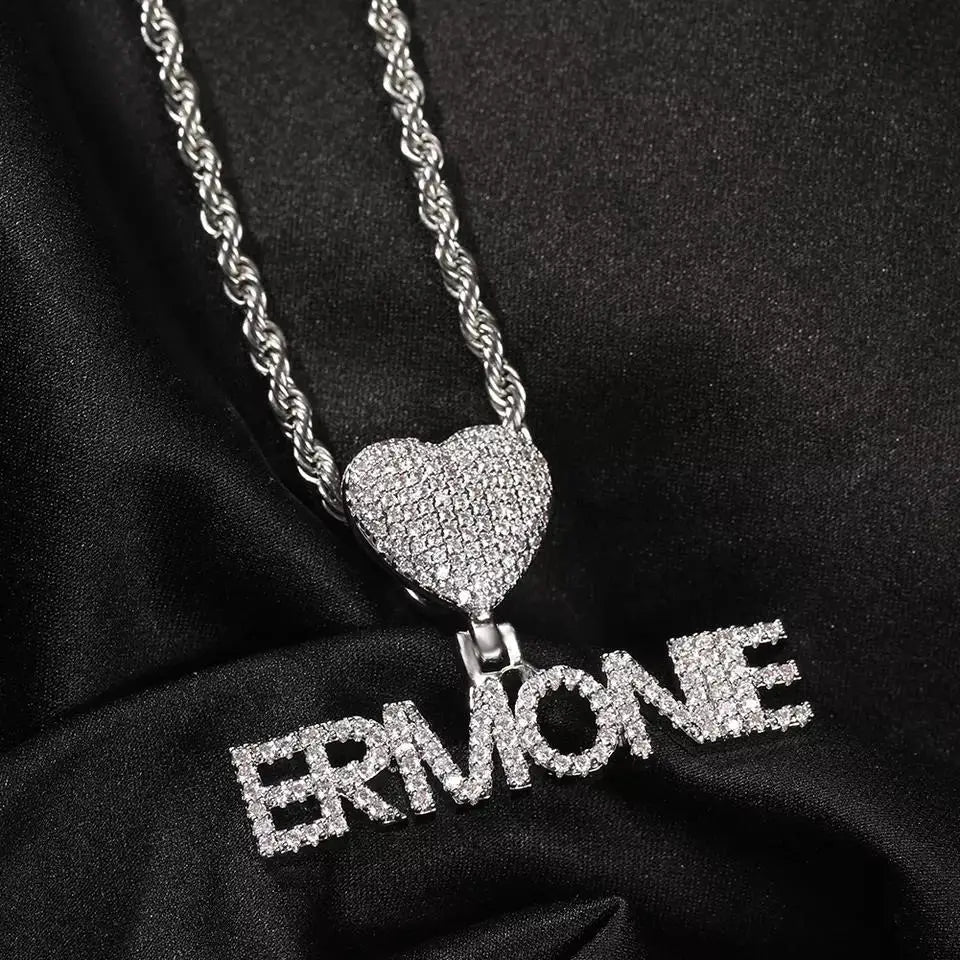 Custom Fashion Crown Hook Iced Out Mini Letter Necklace Personalized Zircon Nameplate Heart Pendant Jewellery for Women
