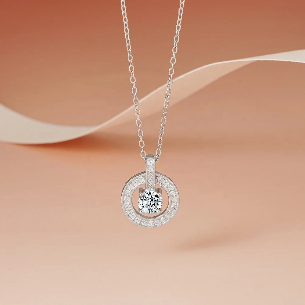 Best Sale High End Jewellery 0.5ct 1carat 925 Sterling Silver Double Circle Wedding VVS Moissanite Pendant Necklace for Women