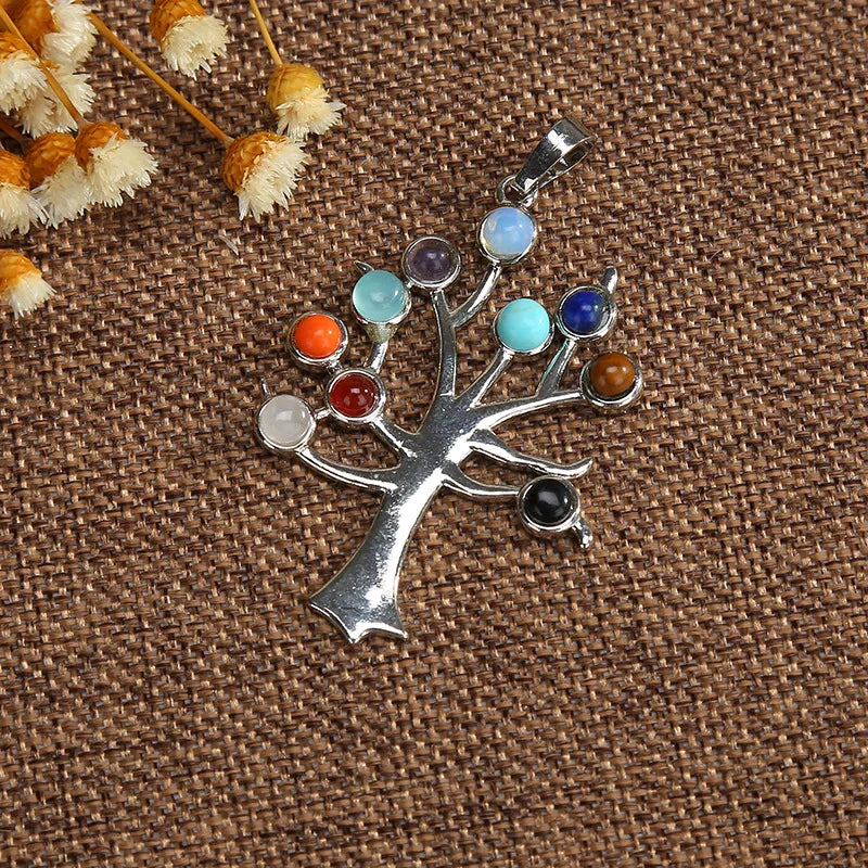 Jewellery Reiki 7 Chakra Stones Crystal Sterling Silver Healing Yoga Pendant Tree of Life Necklace for Women