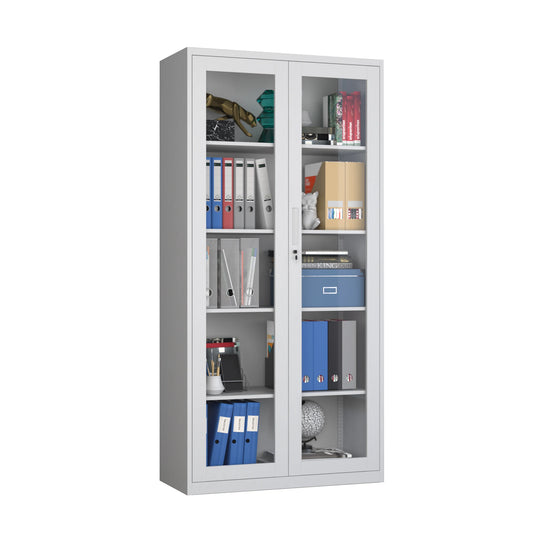 Steel Metal Filing Cabinet Office Furniture with Full Tempered Glass Doors, Lockable, Adjustable Shelves Document Storage