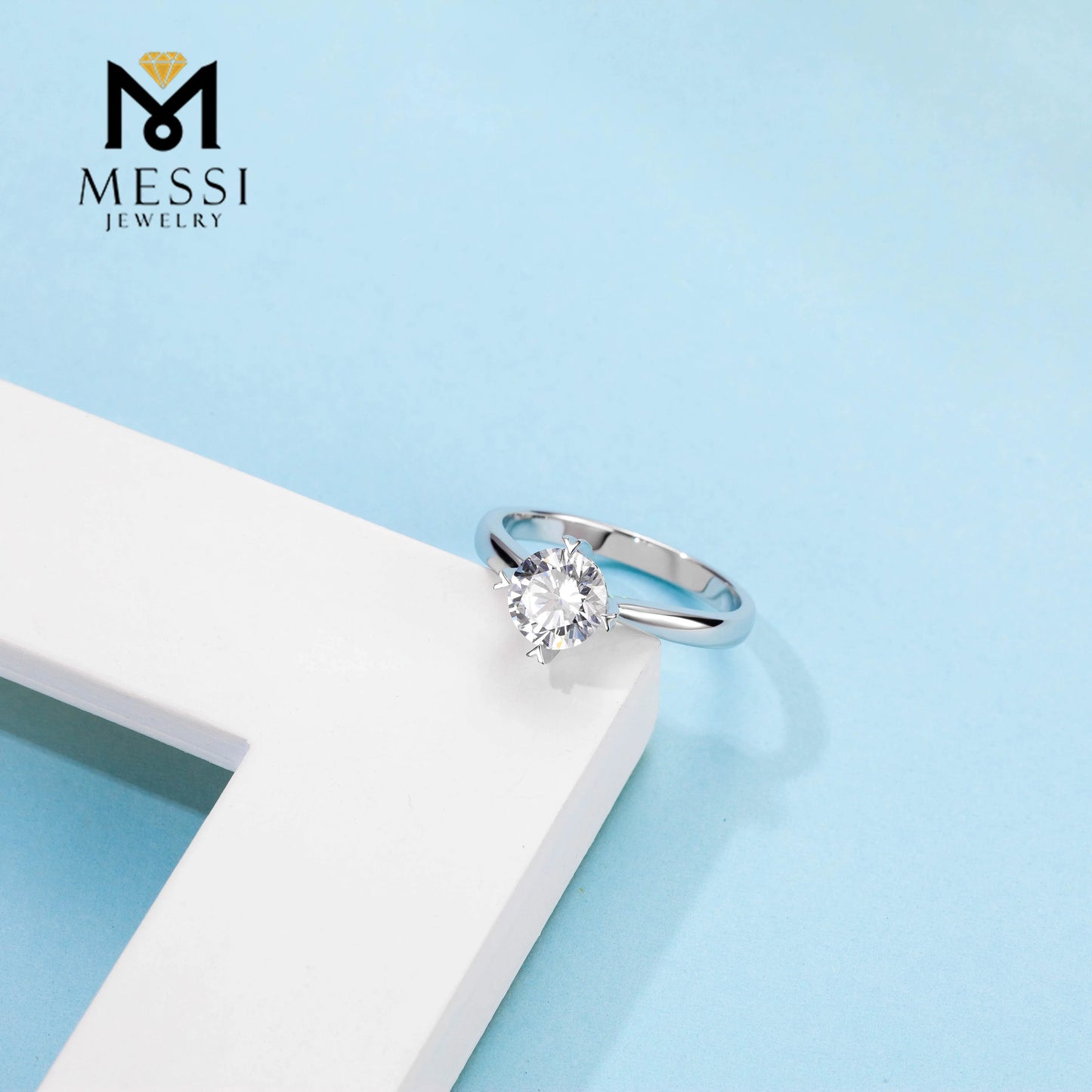 Messi Jewelry Classic 4 Prong 925 Silver 6.5mm 1 Carat Moissanite Engagement Wedding Ring Jewellery for Women