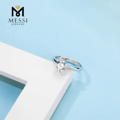 Messi Jewelry Classic 4 Prong 925 Silver 6.5mm 1 Carat Moissanite Engagement Wedding Ring Jewellery for Women