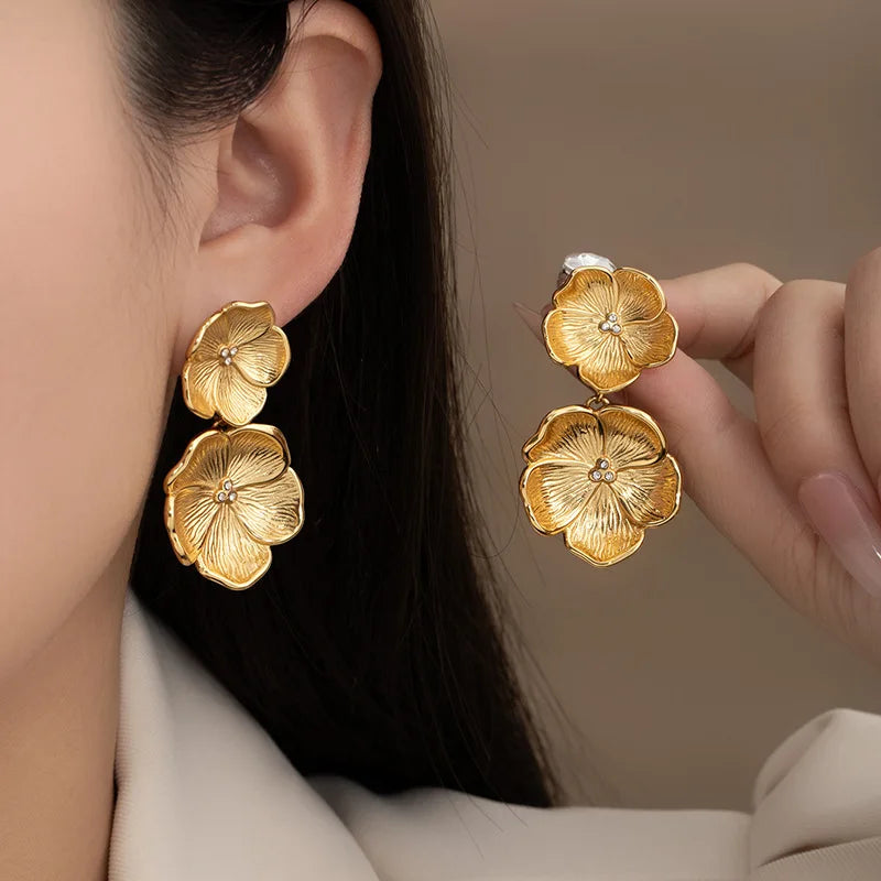 Stainless Steel Flower Drop Earrings for Women Trendy Earrings Hanging Accessories Fashion Jewellery