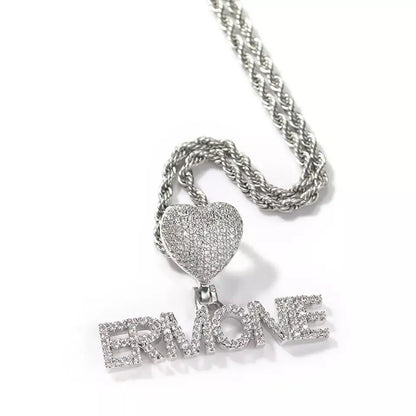 Custom Fashion Crown Hook Iced Out Mini Letter Necklace Personalized Zircon Nameplate Heart Pendant Jewellery for Women