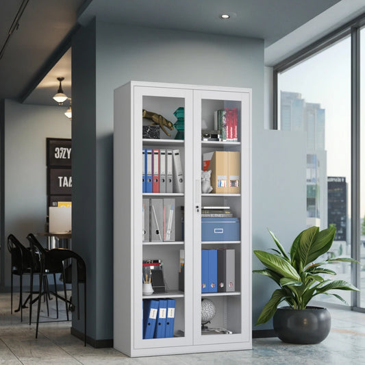 Steel Metal Filing Cabinet Office Furniture with Full Tempered Glass Doors, Lockable, Adjustable Shelves Document Storage