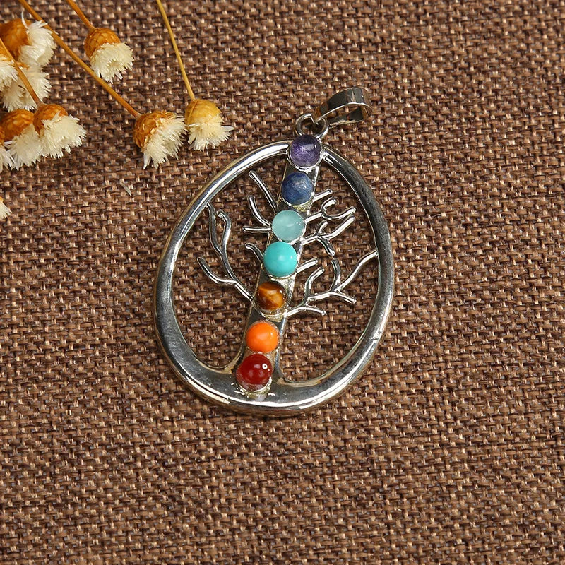 Jewellery Reiki 7 Chakra Stones Crystal Sterling Silver Healing Yoga Pendant Tree of Life Necklace for Women