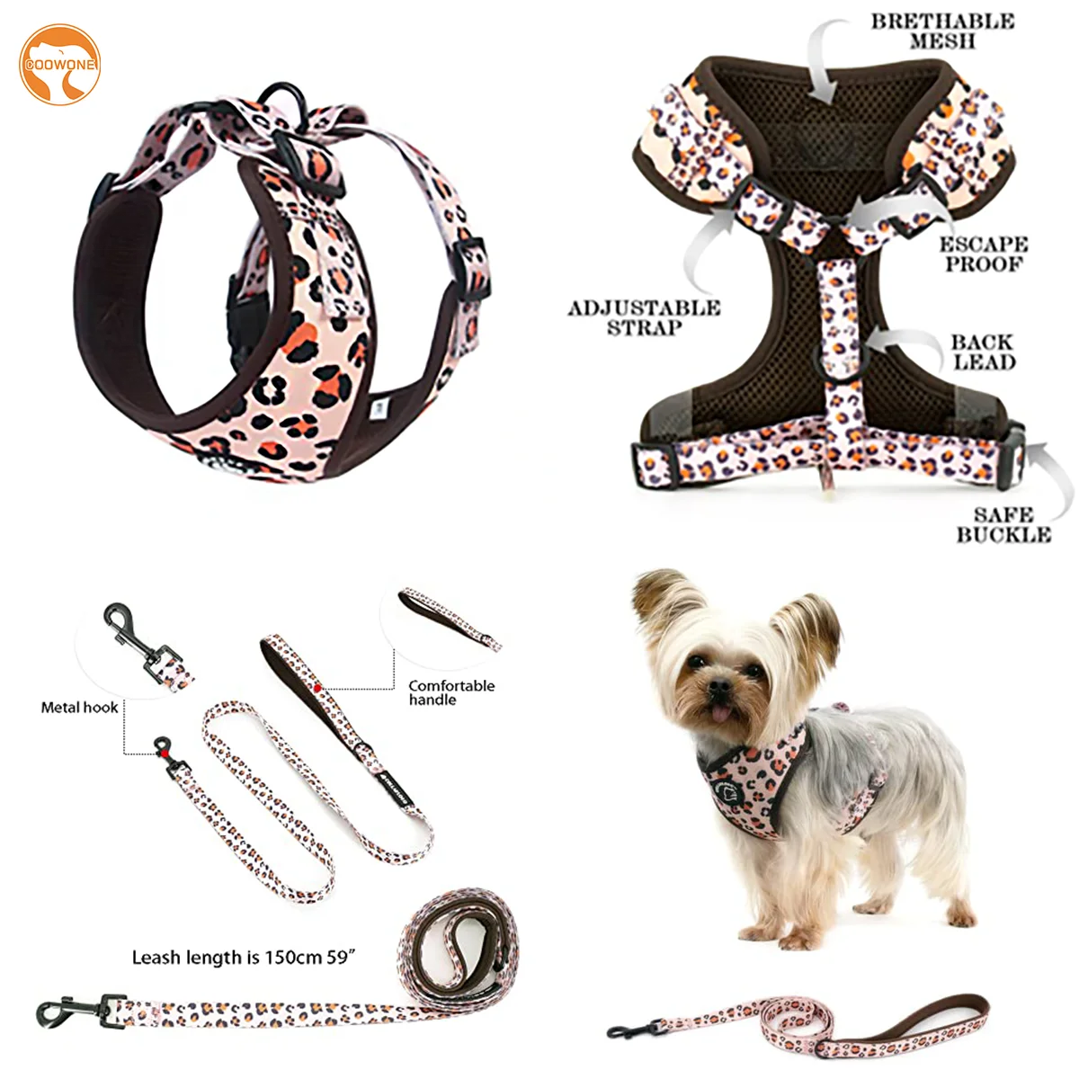 OEM Custom Pattern Leopard Print Breathable Mesh Pet Harness Set With Dog Leash Adjustable Soft Vest Neoprene Dog Harness Set