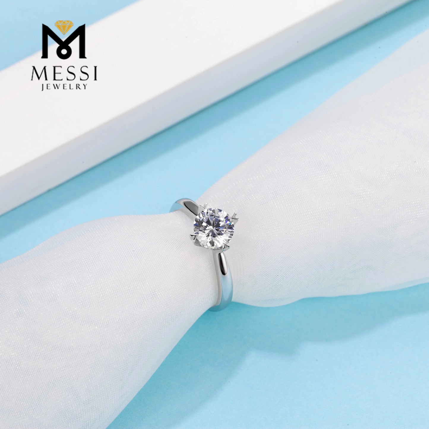 Messi Jewelry Classic 4 Prong 925 Silver 6.5mm 1 Carat Moissanite Engagement Wedding Ring Jewellery for Women